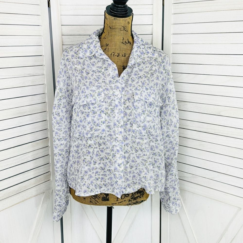 Cottagecore Floral Button Front Crop Utility Shirt Blouse White‎ Purple Medium